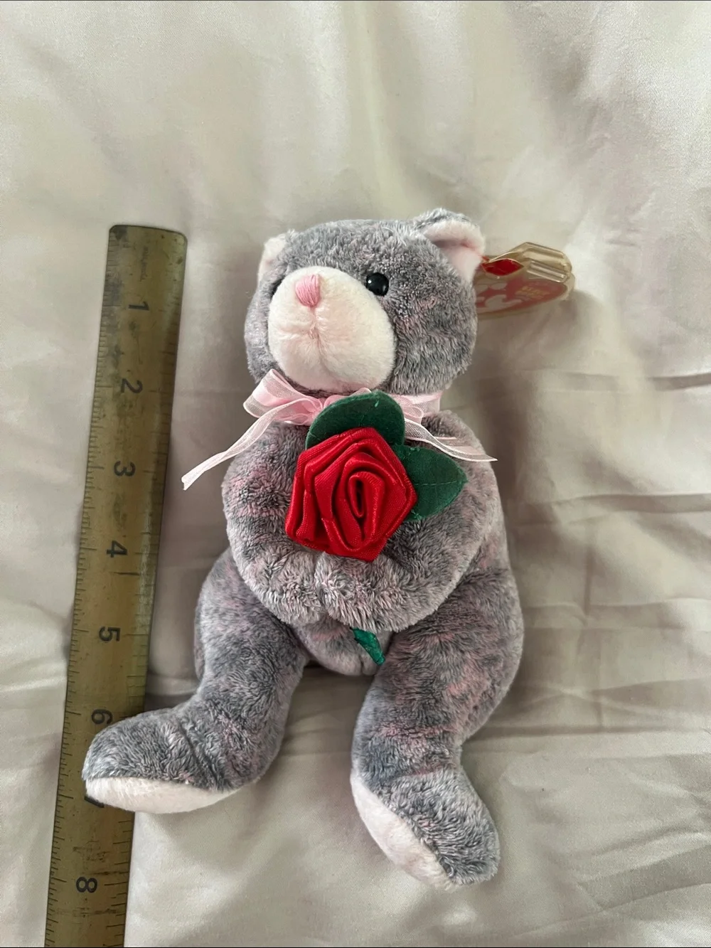 Ty Beanie Babies Grandmother Gray Teddy Bear Plush w/ Rose & Tag Protector 2004